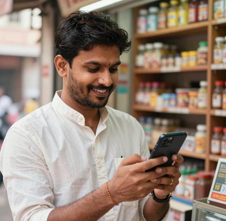 A close-up of a modern Indian shopkeeper smiling while looking at a successful transaction screen on his mobile phone in a bright kirana store, warm natural daylight, rich colors, sharp focus