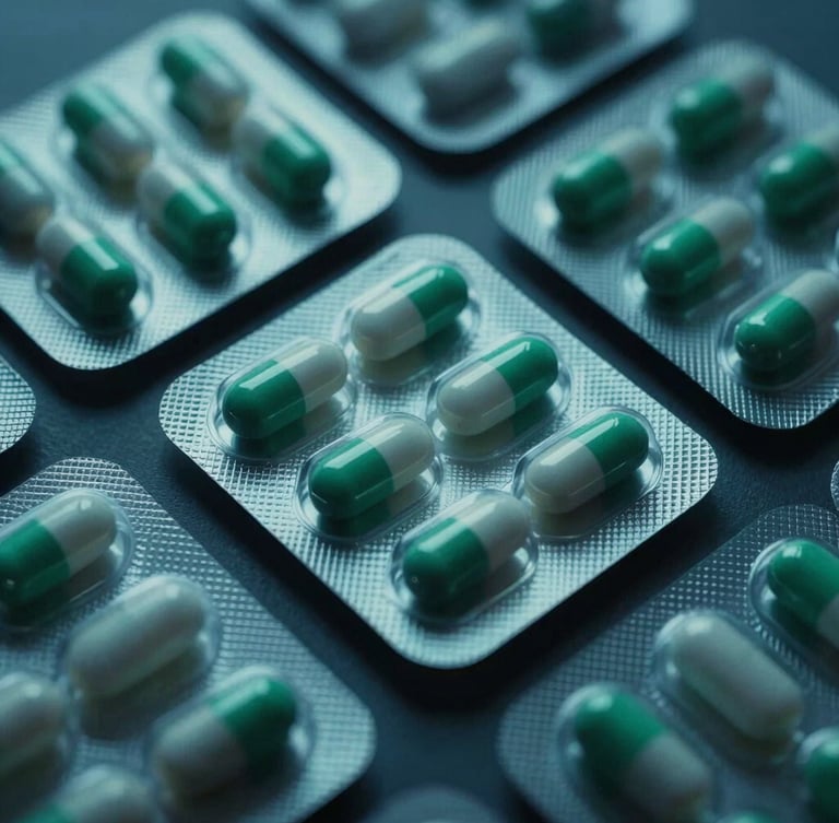 Overhead clean shot of organized clinical medicine packaging, sharp macro details, moody dark blue and emerald green ambient lighting