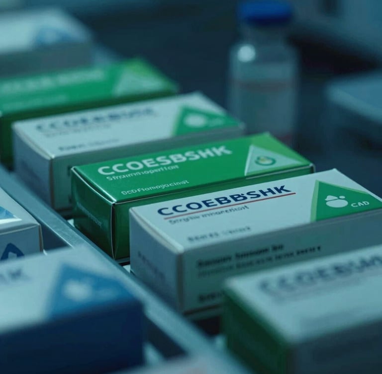 Cinematic pharmaceutical photography, close-up of temperature-tracked medicine boxes in a dark blue and clinical green warehouse, 35mm lens.