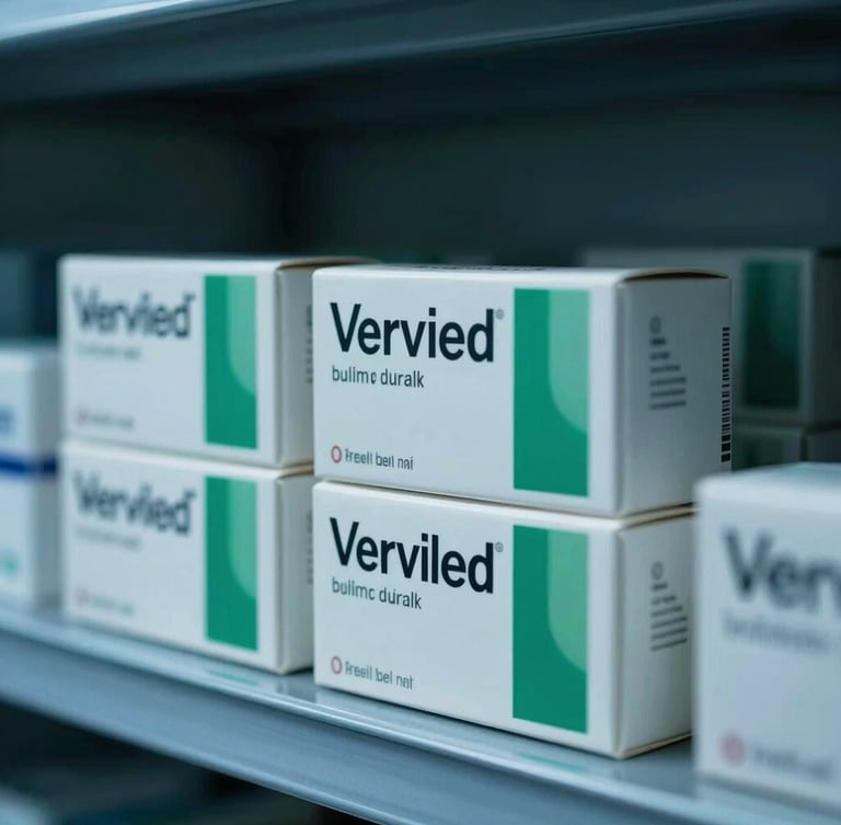 Tight macro shot of verified medicine boxes stacked on a clean steel shelf, cool blue and clinical green ambient undertones, high contrast.