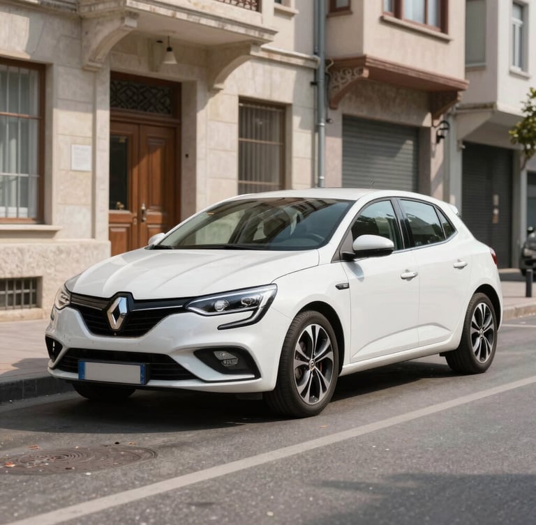 Three-quarter camera view of a modern white Renault Megane parked on a clean Sancaktepe street in bright afternoon daylight, sharp focus
