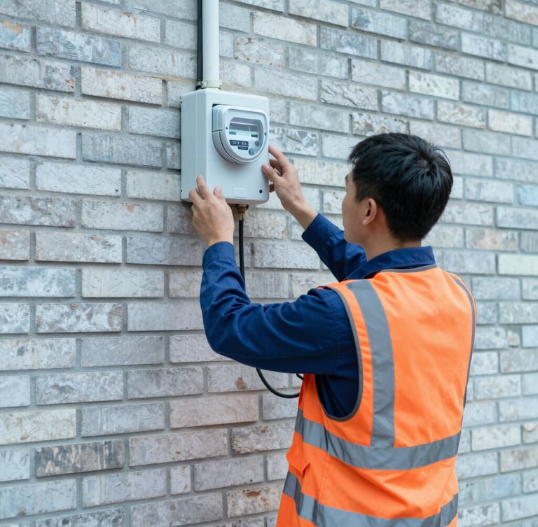 Medium-wide shot of a technical worker in a high-visibility safety vest installing a smart meter device on a brick wall, bright natural daylight, cool blue and orange tones, sharp focus, 35mm lens.