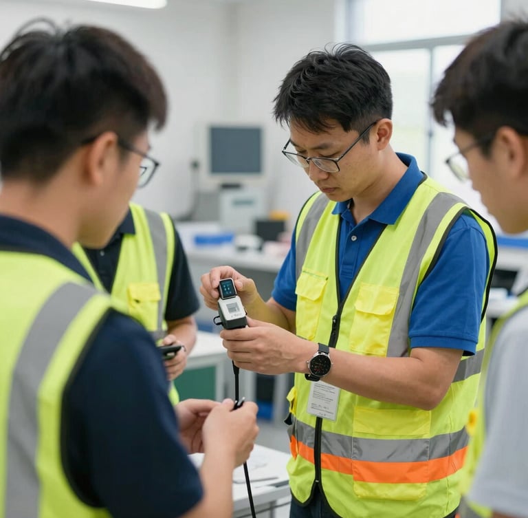 A technical instructor in a bright high-visibility vest training workers on smart meter calibration, clean workshop background, sharp focus, 35mm lens