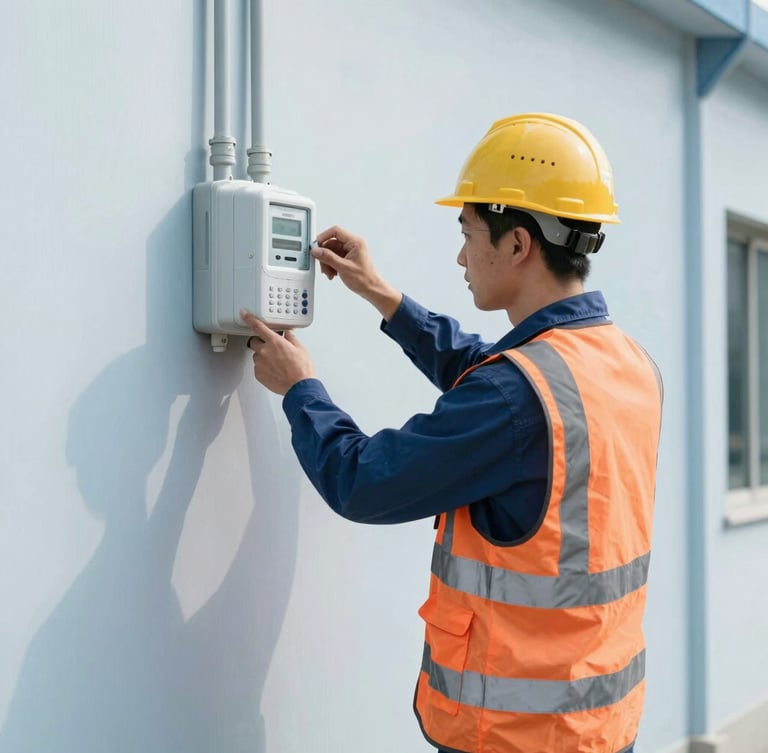 Medium-wide shot of a technical worker in a high-visibility safety vest and hardhat commissioning a smart meter on an industrial wall, bright natural daylight, sharp focus, 35mm lens
