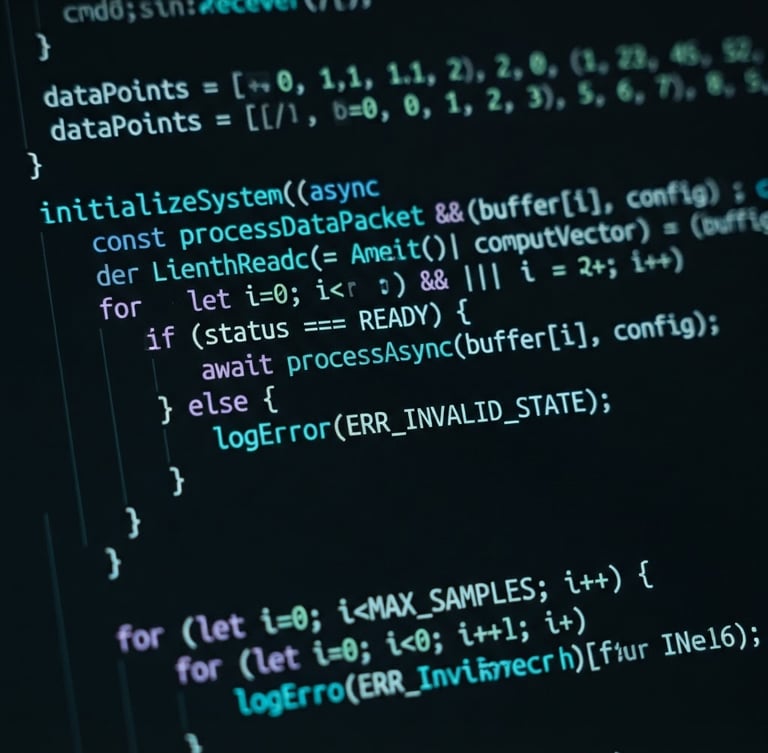 Macro close-up of a sleek, dark-mode software interface displaying complex code blocks with neon-cyan syntax highlighting, sharp studio lighting, technical precision, wide aspect.