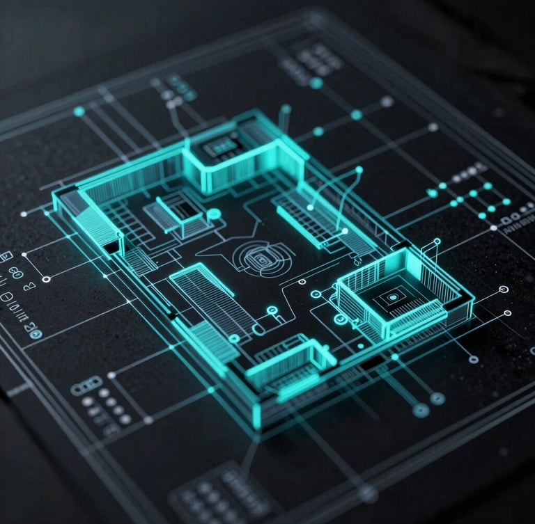Overhead schematic of a complex architectural blueprint overlaid with digital data points, moody studio lighting, sharp technical details, portrait aspect, neon-cyan accents, bleed to edge.
