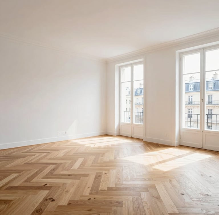Architectural wide shot of a bright, newly renovated Parisian apartment living room in Villemomble, light oak herringbone parquet, pristine white walls, large windows letting in natural daylight.