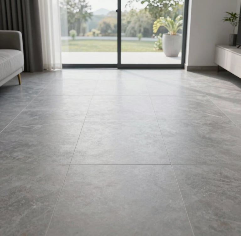 Straight-on architectural shot of a bright modern living room with perfectly laid large format grey tiles, natural daylight flooding from a large window, clean joints.