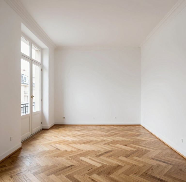 Straight-on architectural wide shot of a newly renovated Parisian apartment living room, flawless white walls, restored oak parquet flooring, natural daylight flooding from a large window on the left, minimalist modern furniture, clean lines.