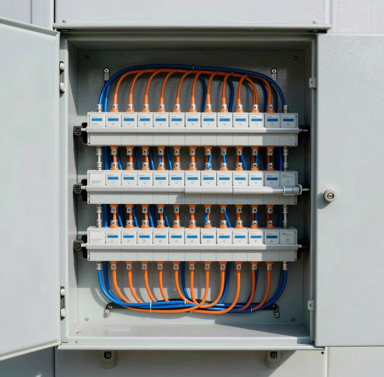 Straight-on architectural shot of a newly installed, perfectly organized electrical panel with neat orange and blue wiring, bright natural daylight, clean slate grey wall background.