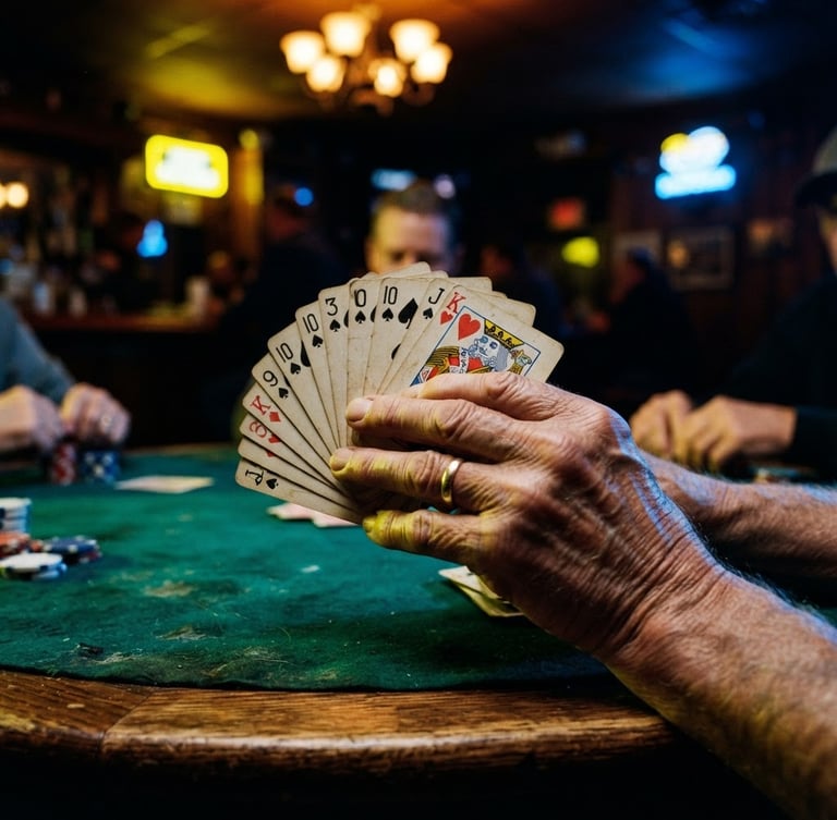 Dynamic close-up of weathered hands holding a hand of cards over a green felt table, neon yellow and blue rim lighting, 35mm photography.