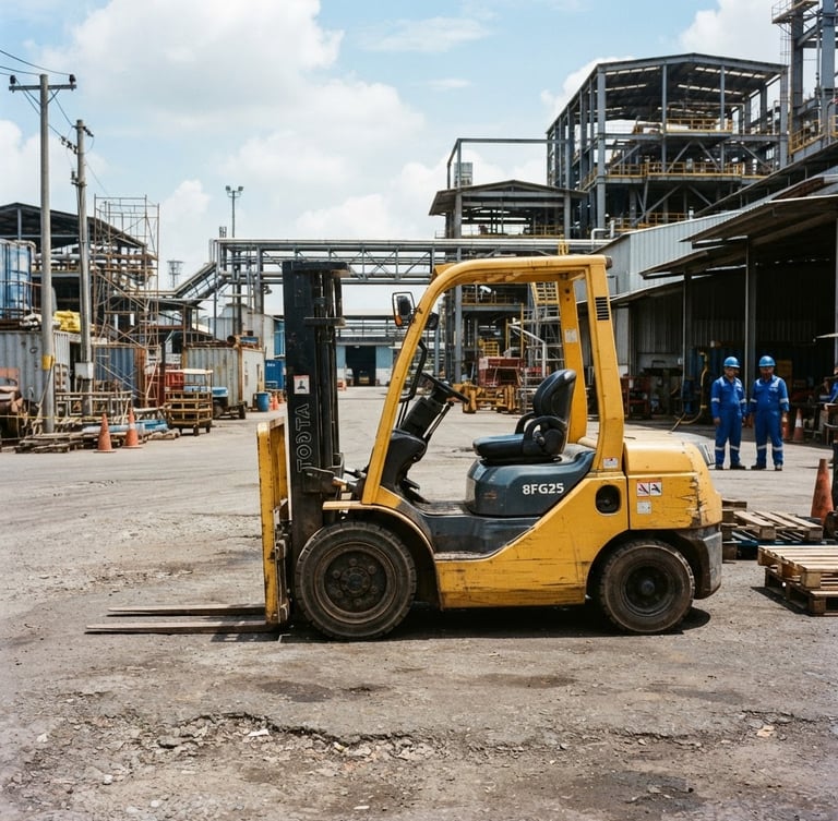 A yellow industrial forklift parked in an outdoor training yard in Batam, bright daylight, steel structures in the background, sharp focus, 35mm