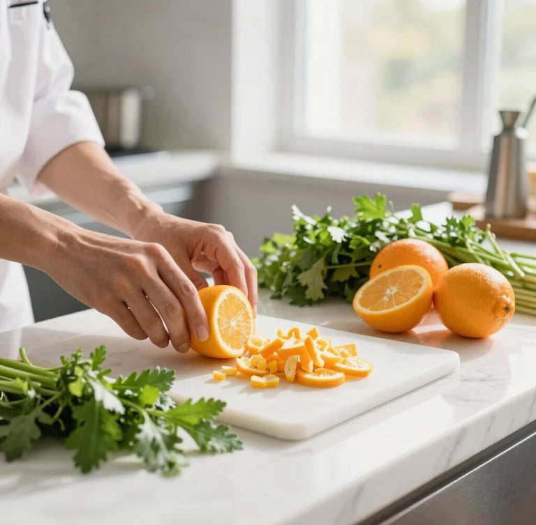Bright, sunlit commercial kitchen prep station, fresh green herbs, chopped citrus fruits on a white marble counter, chef hands visible in soft focus, airy atmosphere.