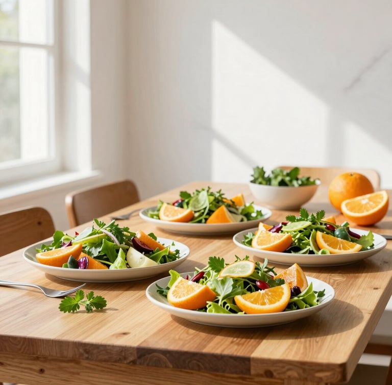 Editorial portrait of a sunlit wooden dining table, vibrant plates of fresh citrus-dressed salads, fresh herbs, warm morning window light casting soft shadows.