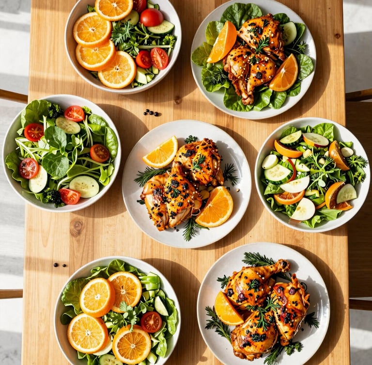 Top-down flat lay of a sunlit wooden dining table filled with vibrant Mediterranean-style salads, citrus-marinated chicken, and fresh herbs, soft window shadows