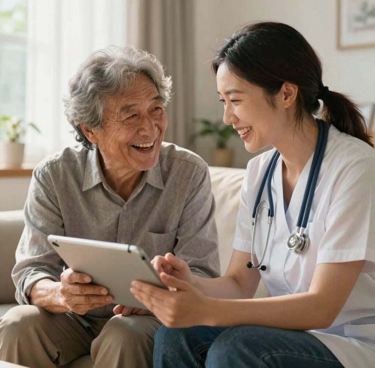 A therapist and an older adult sharing a laugh over a tablet in a sunlit living room, soft morning light, warm and natural framing.