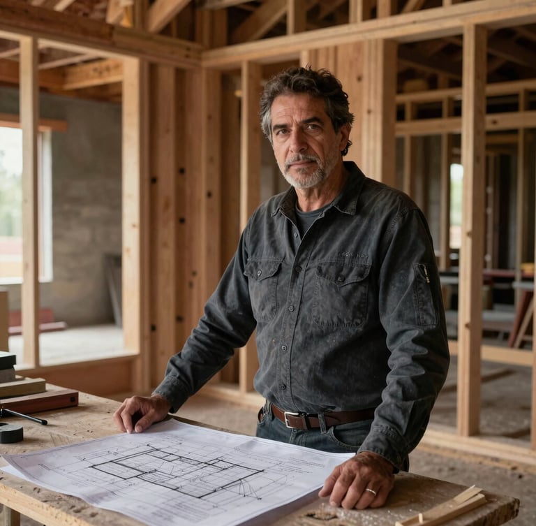 Stark high-contrast portrait of builder Carlos Ferrer in a scenic construction workshop, surrounded by raw timber frames and architectural blueprints, dramatic side lighting.