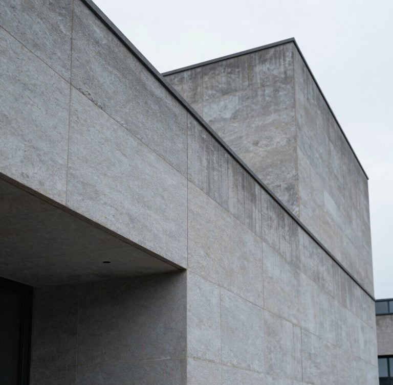 Macro shot of cold grey architectural stone, clean geometric lines of a modern court building in Luxembourg, soft overcast daylight.