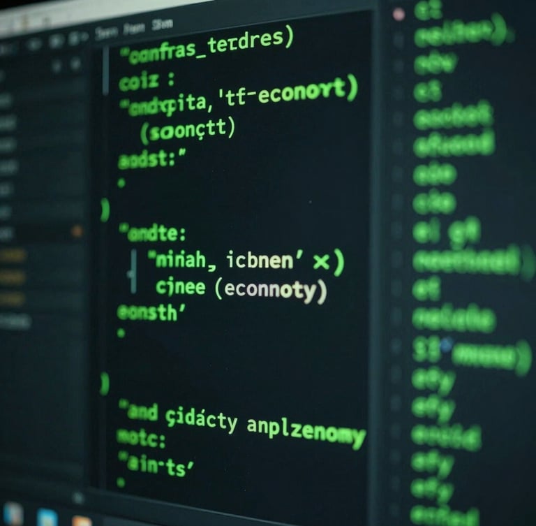 A close-up shot of a dark-themed code editor displaying complex game economy math, illuminated by neon green ambient light, shallow depth of field, 35mm