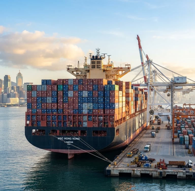 A massive container ship docked at the Hong Kong port at dawn, bright morning light, crisp focus, professional commercial style