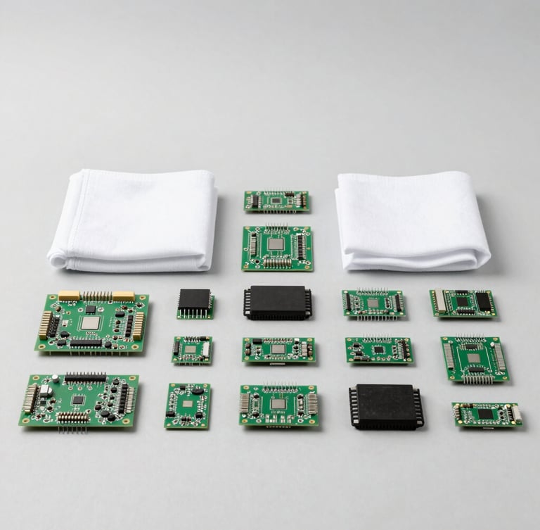 Bright high-key studio photo of electronic components and clean-cut fashion textiles arranged neatly on a neutral gray background.