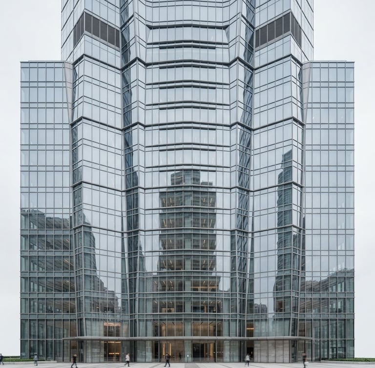 A bright high-key professional commercial shot of a modern corporate office building in Hong Kong, clean glass facade, neutral gray sky, sharp focus, 50mm