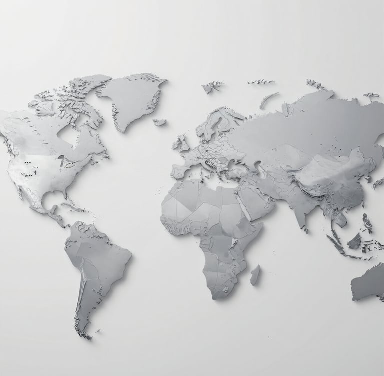 Stylized global distribution map showing trade routes radiating from Hong Kong to Europe and North America, cool silver-gray tones, professional corporate design, clean vector styling, sharp focus