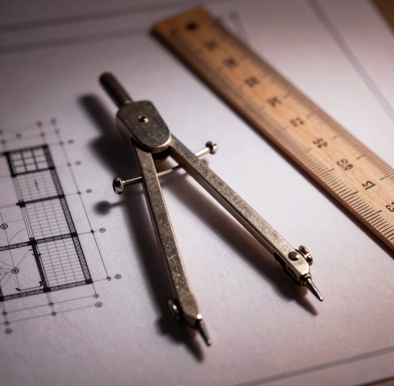 Macro shot of a technical architectural drawing on heavy paper, a classic metal compass and wooden ruler resting on the blueprint, dramatic side-lighting, elegant shadows, 35mm.