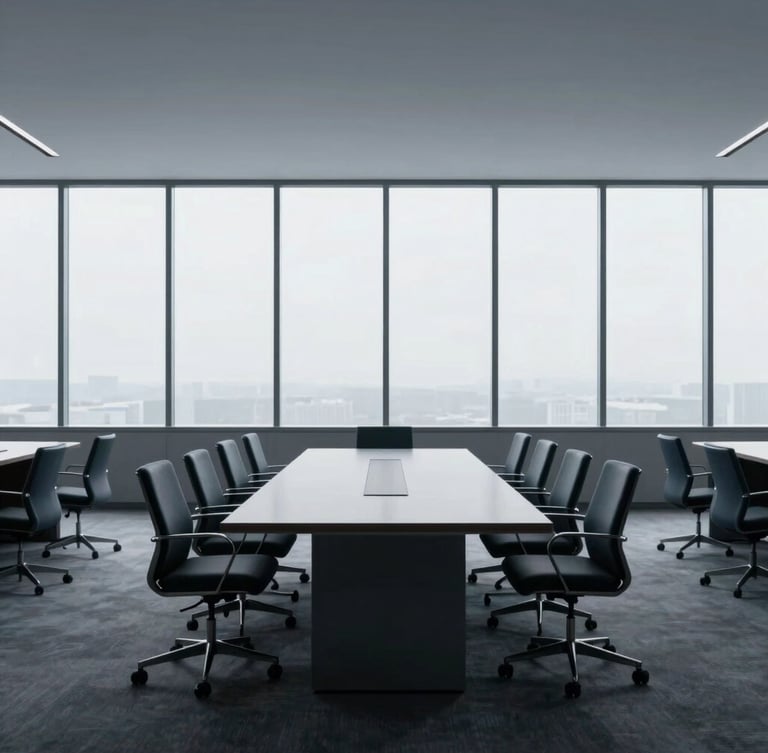 Interior de um escritório corporativo moderno e vazio, com grandes janelas e luz natural suave, linhas geométricas nítidas, em tons de azul e cinza desaturados. Uma mesa de conferência vazia no centro, com cadeiras alinhadas simetricamente. Estilo minimalista, fotografia corporativa.