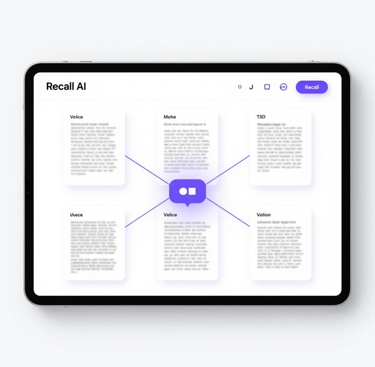 Minimal high-fidelity UI mockup of the Recall AI dashboard, showing a clean network graph connecting voice notes and PDFs with subtle purple glows on a crisp white background.