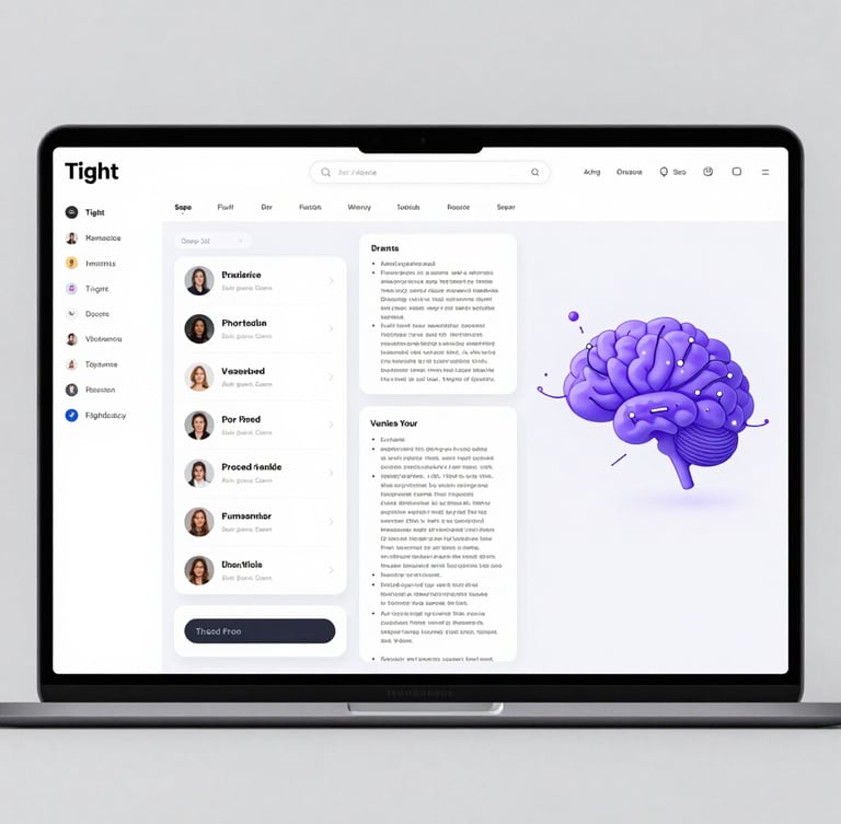 Tight crop on a minimalist SaaS dashboard interface, bright diffused studio lighting, displaying a clean sidebar, a central feed of voice transcripts and highlighted PDFs, and a purple-accented neural mind map on the right, high-fidelity UI design.