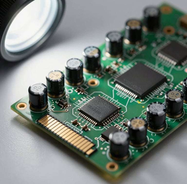 High-contrast macro photograph of a telecom baseband unit processing board, showing gold-plated contacts, capacitors, and serial number plates under bright white laboratory light.