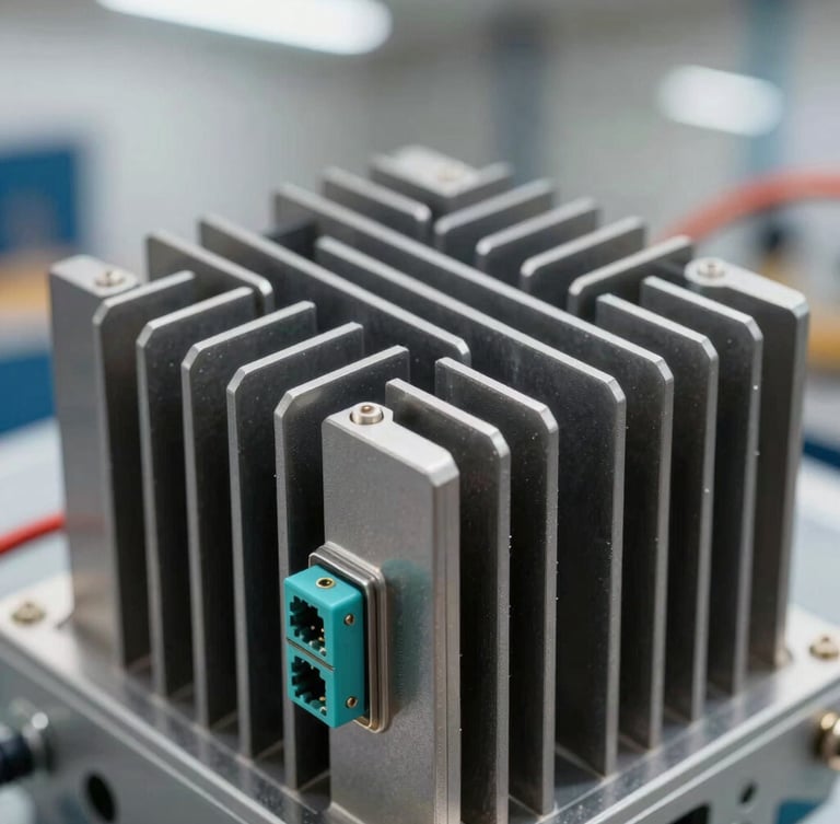Macro close-up of industrial telecom Remote Radio Unit heatsink fins, sharp metallic edges, electric-teal ports, high-contrast clean warehouse lighting.