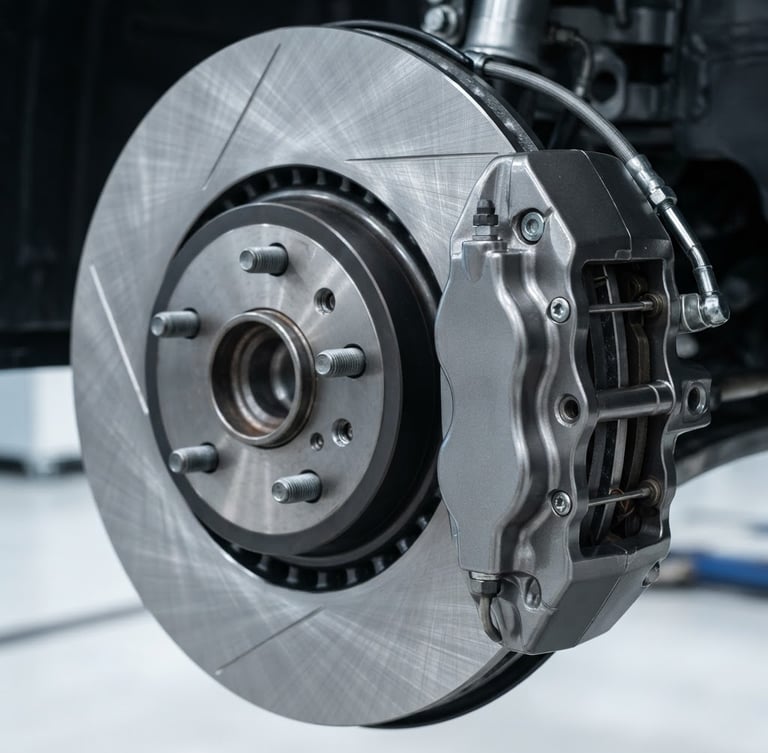 Macro shot of a pristine metallic brake disc and brake caliper, bright industrial lighting, sharp metallic reflections, clean commercial style