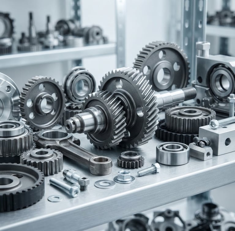 Close-up of pristine metallic engine components and gears on a clean industrial warehouse shelf, bright cool daylight, sharp metallic details, high-contrast commercial product style, 50mm lens