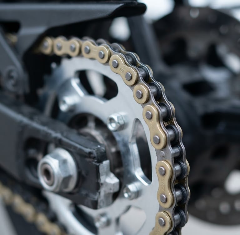 Close-up of a pristine metal motorcycle drive chain and rear sprocket, bright cool daylight, sharp metallic details, clean industrial photography, 50mm lens