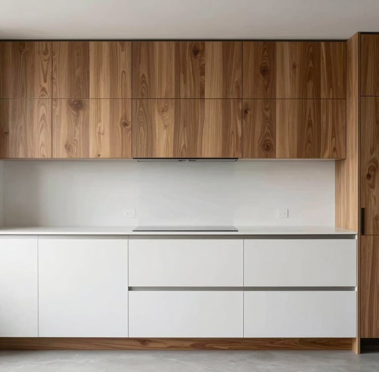 Minimalist kitchen installation with grain-matched walnut cabinetry and white lacquered panels, straight-on architectural elevation, natural diffused side-lighting.
