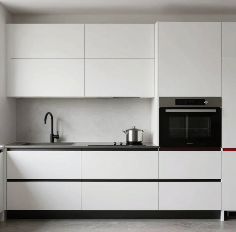 Straight-on architectural elevation of a modern luxury kitchen with matte white cabinetry, integrated black hardware, and subtle red accent line details, diffused natural side-lighting.