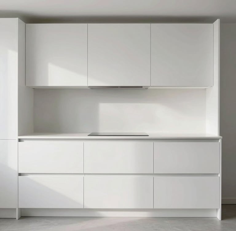 Straight-on architectural elevation of a minimalist white kitchen, diffused natural side-lighting highlighting the flawless lacquered finish and integrated handles, expansive room view.