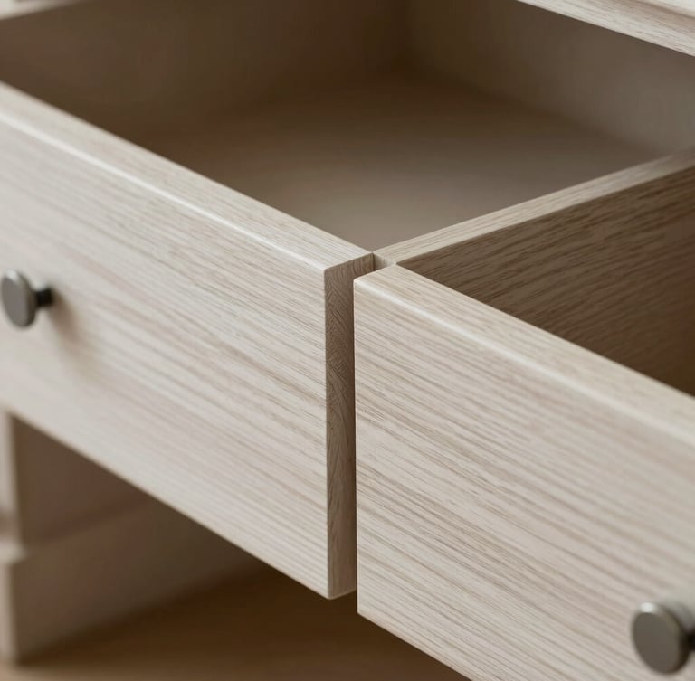 Extreme close-up of a flawless grain-matched white oak drawer joint, showing immaculate furniture-grade joinery under soft diffused side-lighting