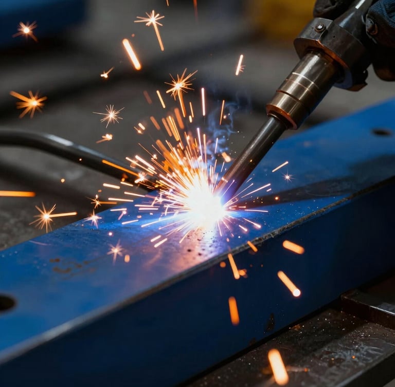 Close-up of a high-contrast industrial welding arc, warm orange sparks flying against deep blue metal plates, dramatic lighting, macro framing.