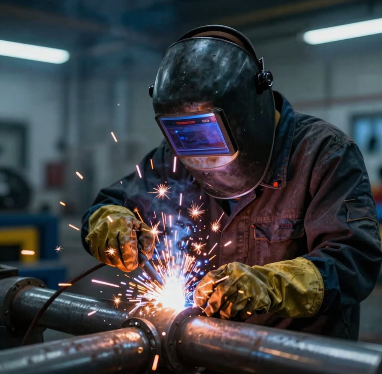 Close-up portrait of a certified industrial welder working on heavy steel piping, high-contrast dramatic lighting with cool blue ambient tones and intense warm orange sparks, professional depth of field.