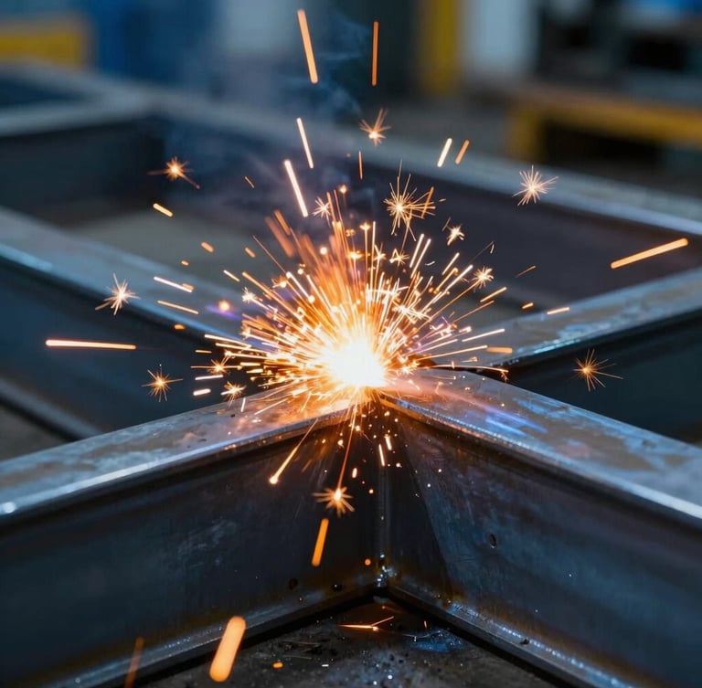 Dramatic close-up of high-grade steel fabrication with intense warm orange welding sparks contrasting against cool blue ambient industrial light, macro framing.