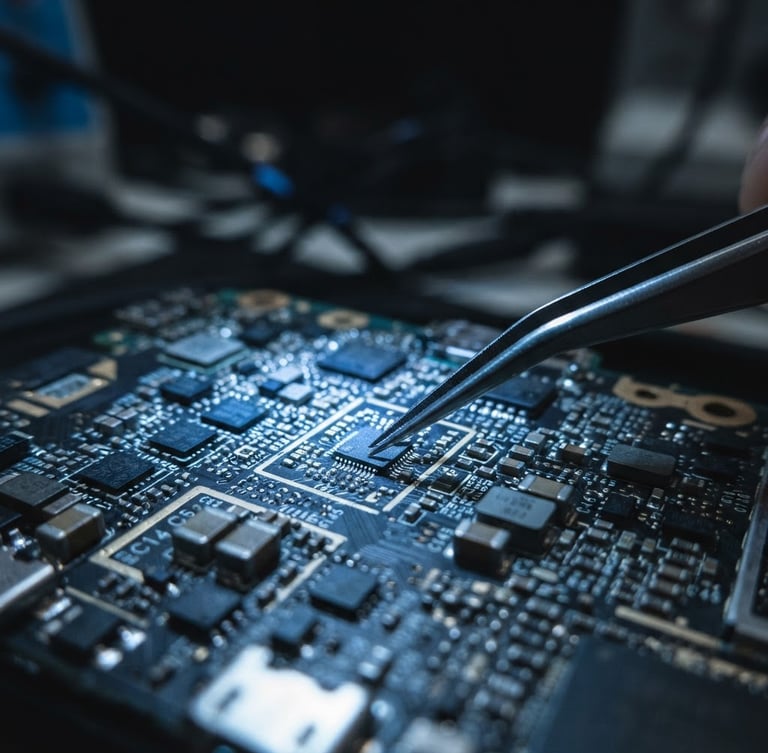 Macro close-up of micro-soldering on a mobile phone motherboard under a glowing blue microscope light, precision tweezers holding a tiny microchip, dark tech lab background, shallow depth of field, 35mm
