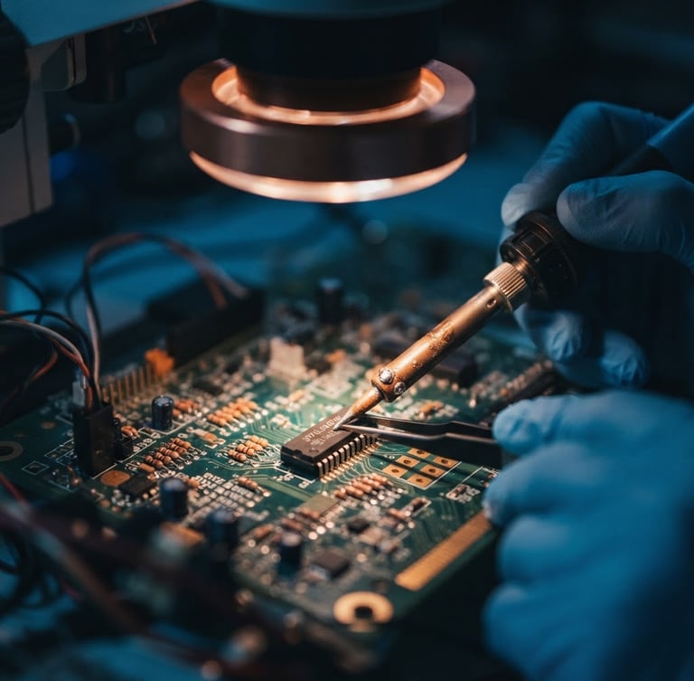 Macro photograph of a master technician's hands micro-soldering a tiny IC chip on a circuit board under a high-tech microscope, moody blue and copper-orange ambient lighting, shallow depth of field, 35mm.