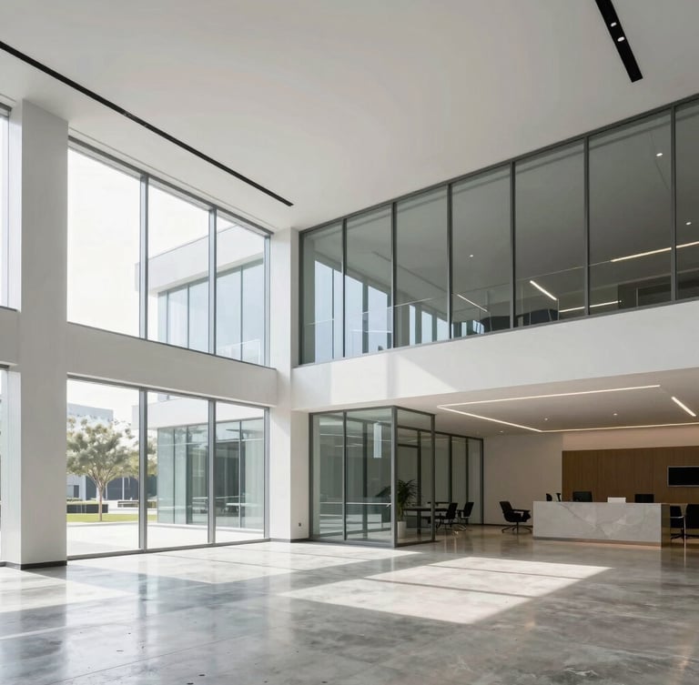 Bright architectural photography of a pristine corporate lobby with glass walls and polished concrete floors, sharp daylight, minimalist aesthetic, 35mm