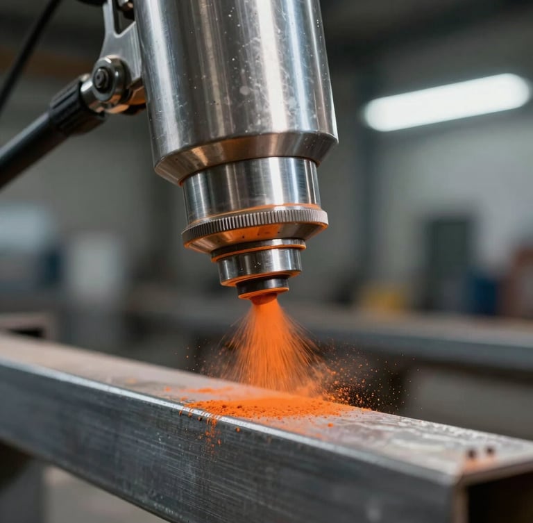 Extreme close-up of an electrostatic powder coating gun emitting a fine mist of safety orange polymer powder onto a clean steel beam, high-contrast industrial workshop lighting, metallic reflections, 35mm lens