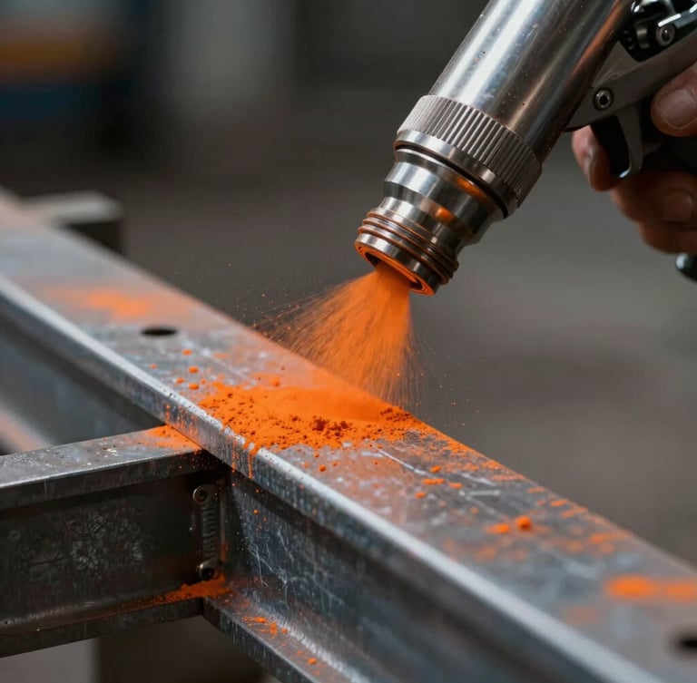 Macro shot of electrostatic powder gun spraying bright safety orange powder onto a structured steel beam, dramatic workshop lighting, vivid metallic reflections, 35mm lens