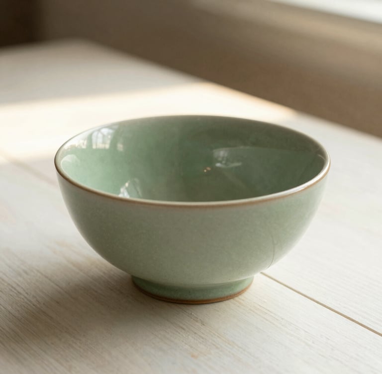 Close-up of a finished sage green ceramic bowl sitting on an almond white wooden table, a single shaft of warm sunlight highlighting the textured glaze, 35mm