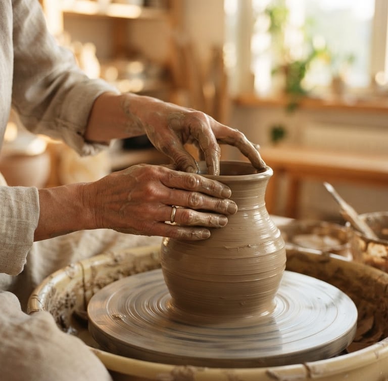 Macro portrait of potter's hands shaping a wet clay vase on a spinning wheel, warm golden-hour window light casting soft organic shadows, shallow depth of field, 35mm